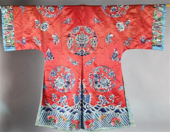 A Chinese red satin ladys robe, mid 19th century,